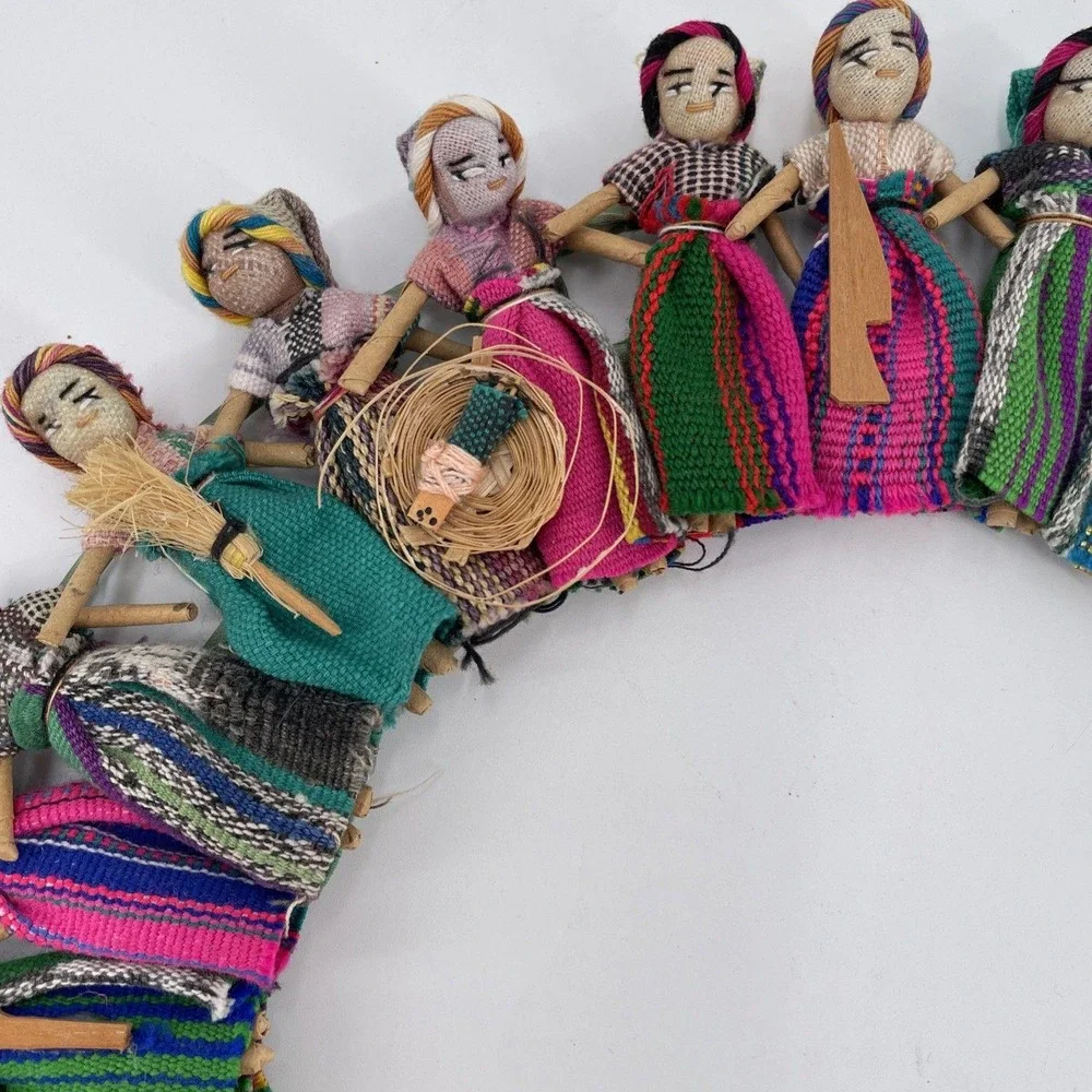 Handmade Guatemalan Worry Doll Wreath 12.5in Colorful FolkArt Wall Hanging Decor